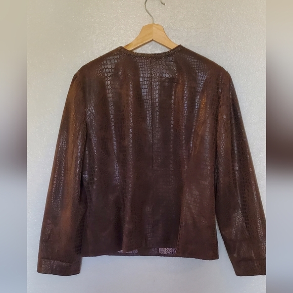 Chico's Croc Embossed Studded Beaded Reptile Faux Leather Bomber Jacket Size 12 - Picture 10 of 10